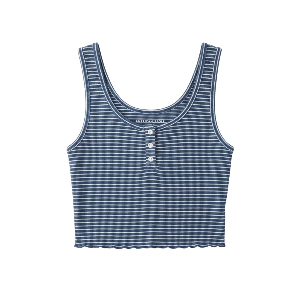 American Eagle Striped Henley Cropped Tank Top Blue White Ribbed XS‎